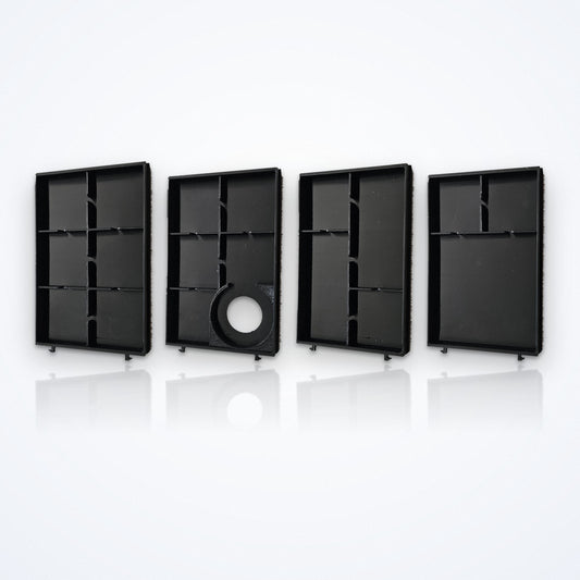 Vier leere WalletCase-Module nebeneinander – Festplatz A6, Tracker-Festplatz T-A5, B4 und A3