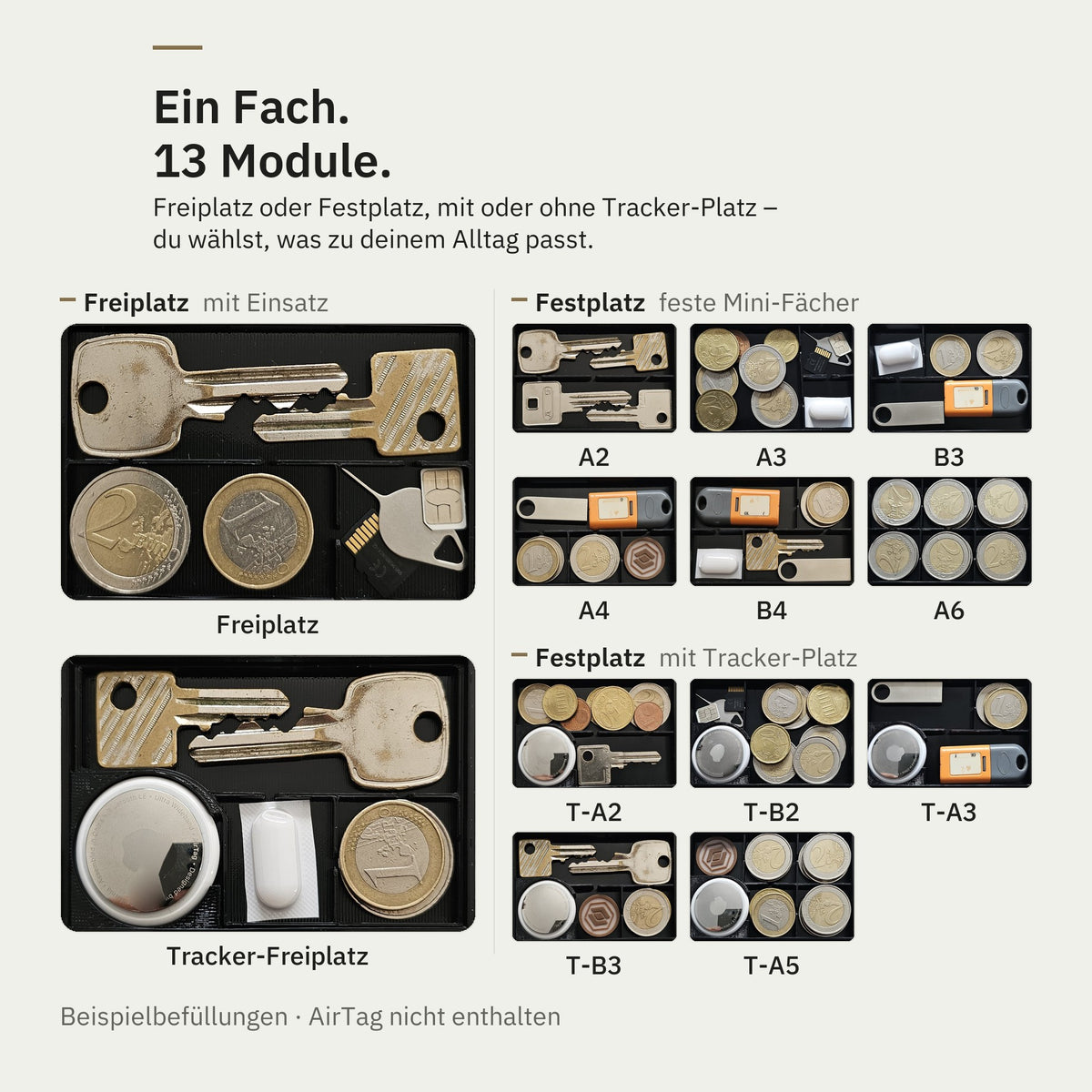 Alle 13 WalletCase-Module im Überblick – Freiplatz und Festplatz, mit und ohne Tracker-Platz