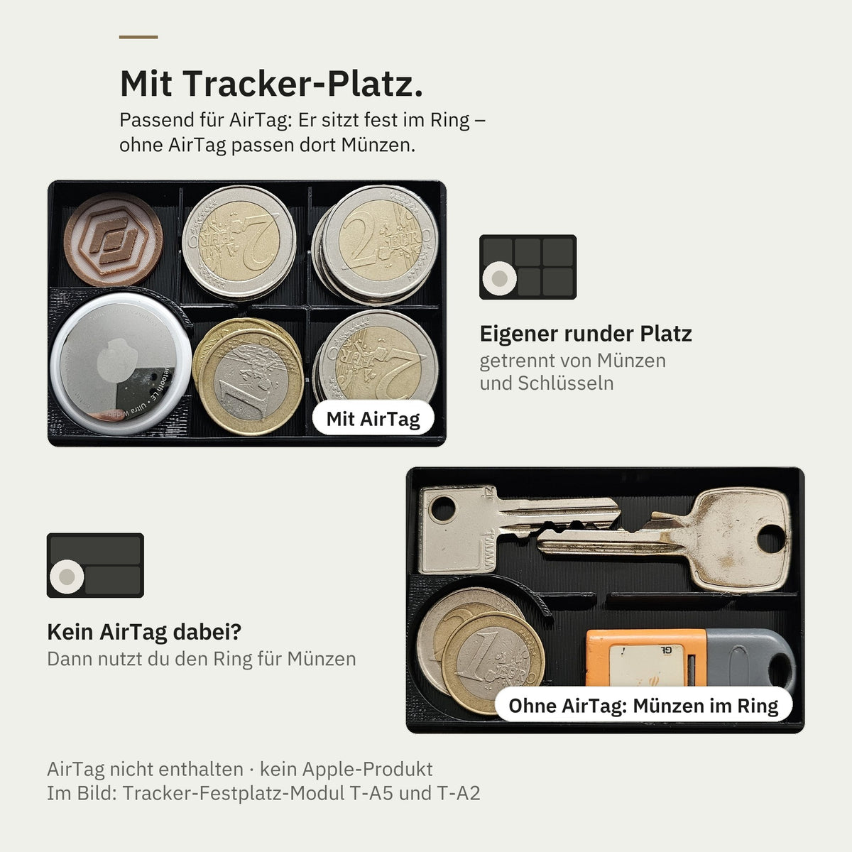 Tracker-Platz im Modul, passend für AirTag – ohne AirTag für Münzen nutzbar (AirTag nicht enthalten)