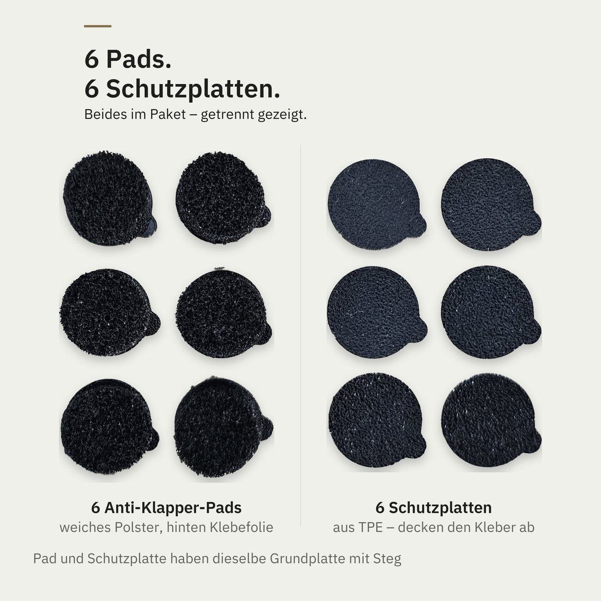 Im Paket: 6 Anti-Klapper-Pads und 6 Schutzplatten aus TPE, getrennt gezeigt
