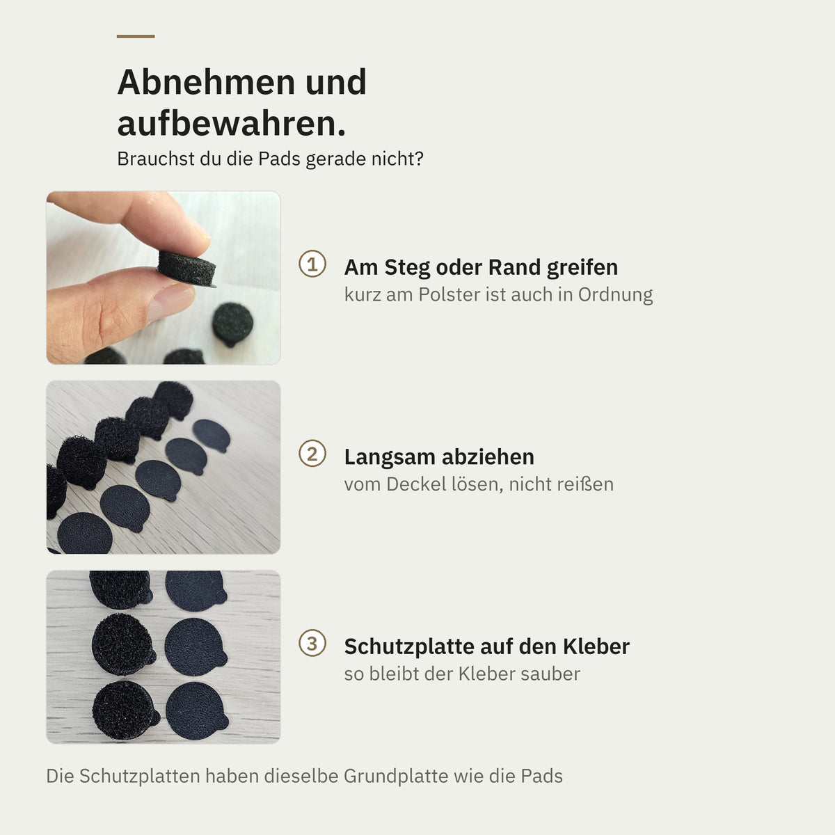 Pads abnehmen und mit Schutzplatte aufbewahren