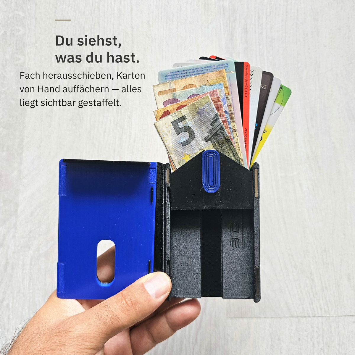 Karten im Delf WalletCase von Hand aufgefächert — alles liegt sichtbar gestaffelt