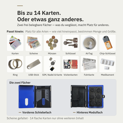 Was in die zwei frei belegbaren Fächer passt: Karten, Scheine, Münzen, Schlüssel, AirTag, USB-Stick und mehr