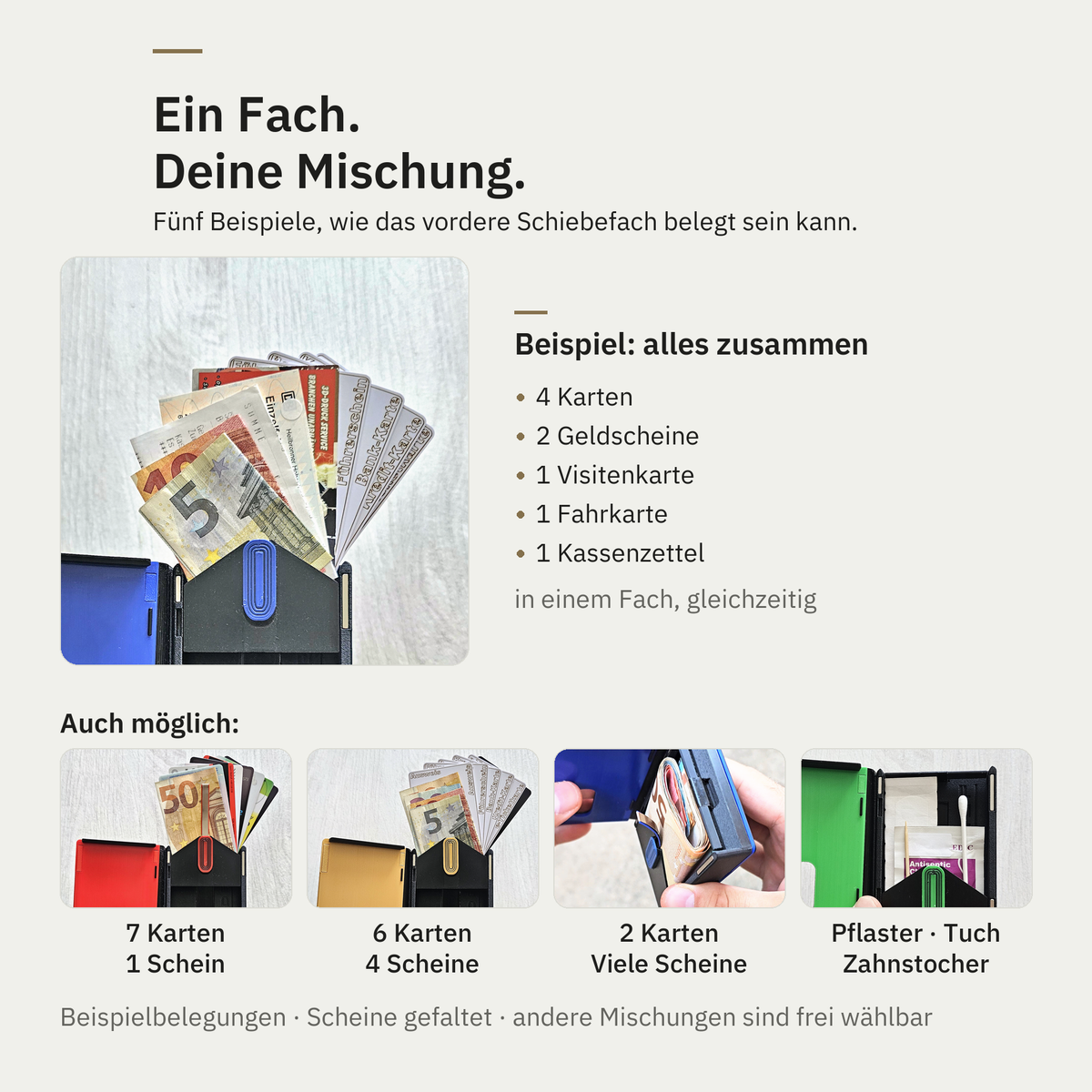 Fünf Beispiele, wie das vordere Schiebefach des Delf WalletCase belegt sein kann