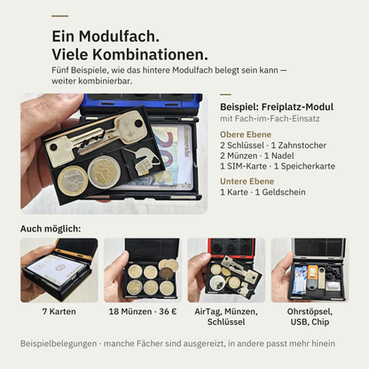 Fünf Beispiele, wie das hintere Modulfach des Delf WalletCase belegt sein kann