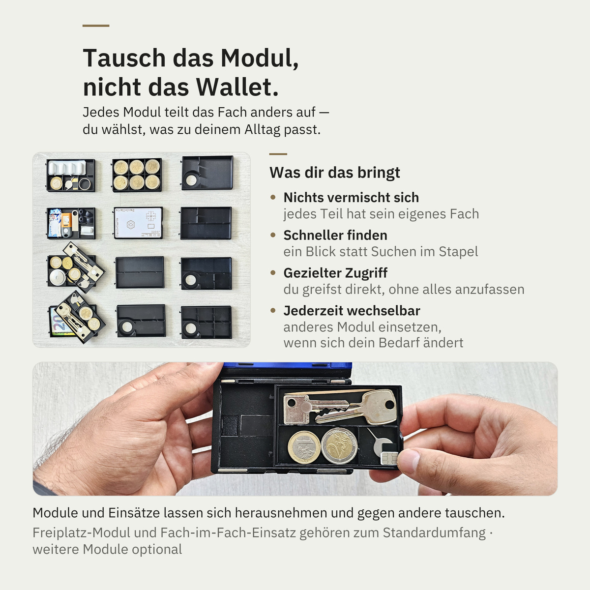 Module und Einsätze des Delf WalletCase lassen sich herausnehmen und gegen andere tauschen
