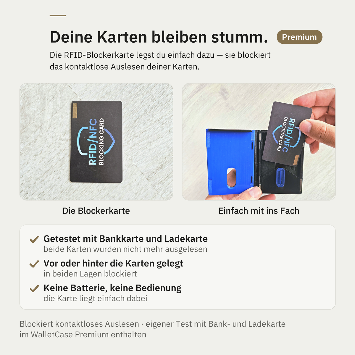 Entnehmbare RFID-Blockerkarte, die einfach mit ins Fach des Delf WalletCase gelegt wird