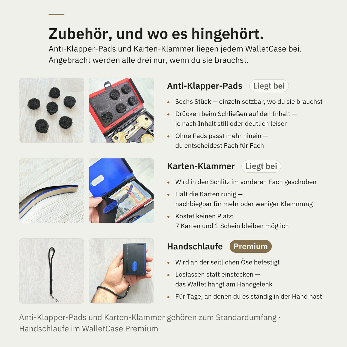Zubehör zum Delf WalletCase: Anti-Klapper-Pads, Karten-Klammer und Handschlaufe, einzeln und eingesetzt